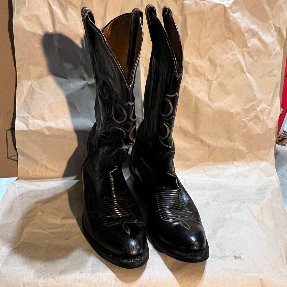 Tony Lama 8.5 E Vintage Tall Western Cowboy Boots Black Leather Stitch SoleTech